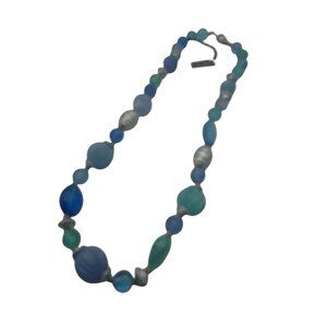 Genuine Lucite Beaded Necklace Gradient Blue Green Multi Shape Silver Accents